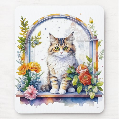 Sweet Whimsical Cat in Window of Flowers   Mouse Pad