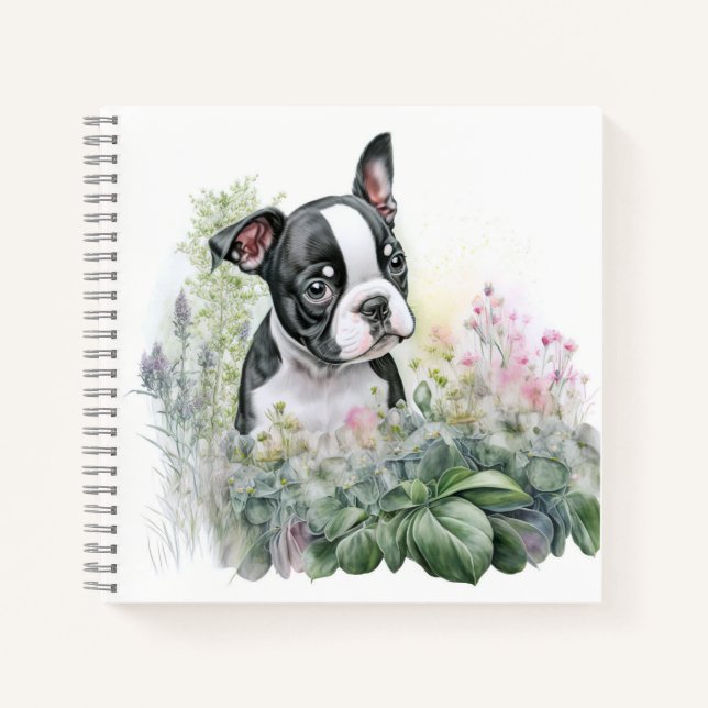 Sweet Whimsical Floral Boston Terrier Puppy Notebook (Front)