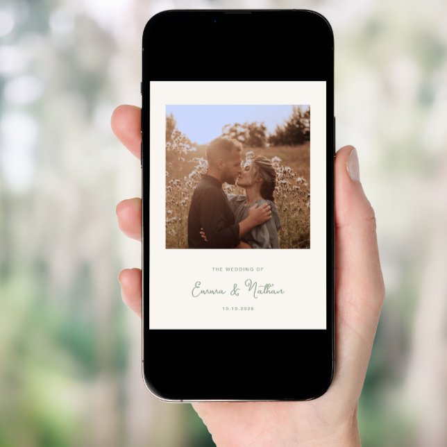 Sweet Whimsical Ivory and Sage Green Photo Wedding Invitation (Front Digital)