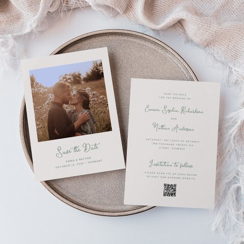 Sweet Whimsical Ivory and Sage  Photo and QR Code Save The Date