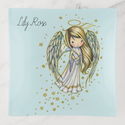 Sweet Whimsical Little Angel Illustration Trinket Tray