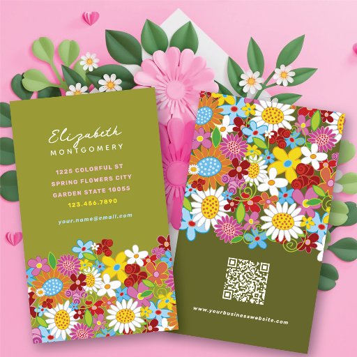 Customizable Sweet Whimsical Spring Flowers Colorful Garden Business Card Templates