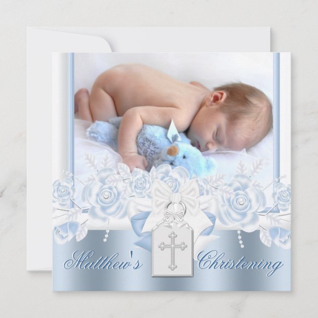 Sweet White and Baby Blue Christening Invitation (Front)