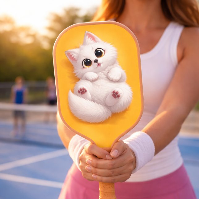 Sweet White Arctic Fox Carbon Fiber Pickleball Pad Paddle (High-quality lifestyle shot of the fluffy white kitten edition pickleball paddle.)