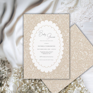 Sweet White Brown Floral Vintage Baby Shower Invitation