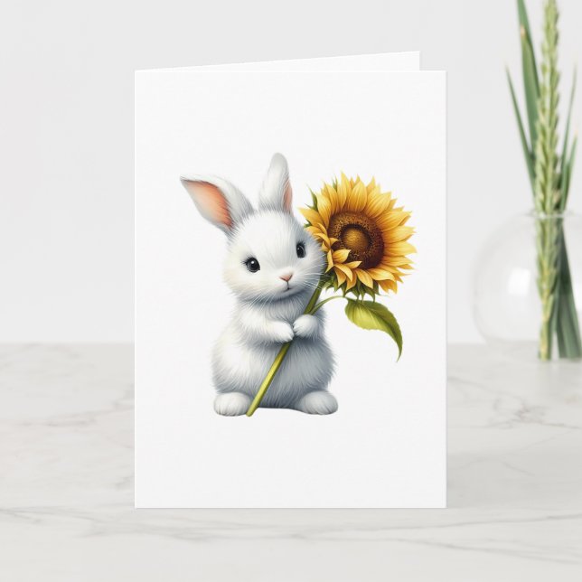 Sweet White Bunny with Sunflower Cute All-Occasion Card (Front)