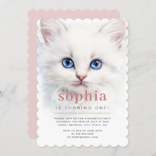 Sweet White Cat First Birthday Party Invitation