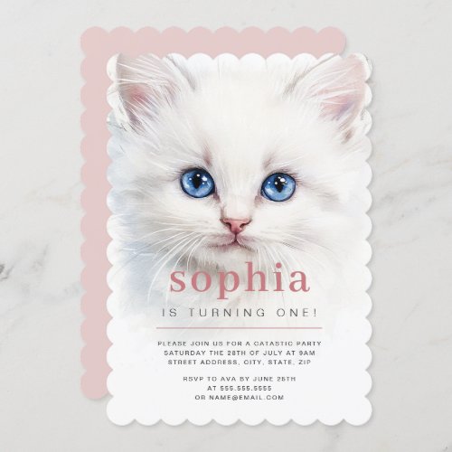 Sweet White Cat First Birthday Party Invitation 