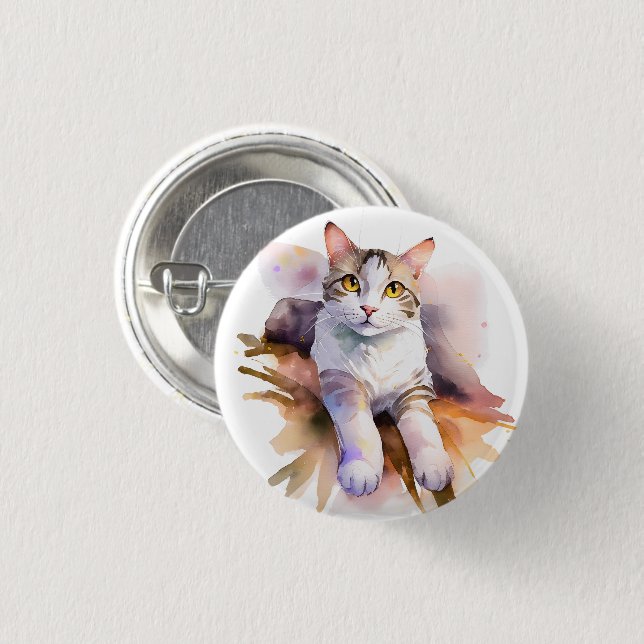Sweet White Cat Watercolor Illustration Button (Front & Back)