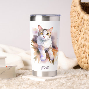 Sweet White Cat Watercolor Illustration Insulated Tumbler