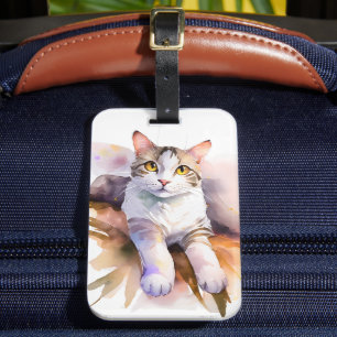 Sweet White Cat Watercolor Illustration Luggage Tag