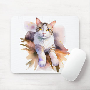 Sweet White Cat Watercolor Illustration Mouse Pad