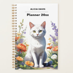Sweet White Cat Watercolor Undated your name Planner
