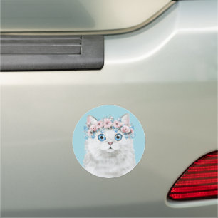 Sweet White Floral Cat 2 Car Magnet