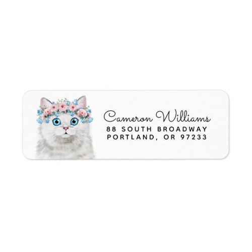 Sweet White Floral Cat  Add Your Name Label