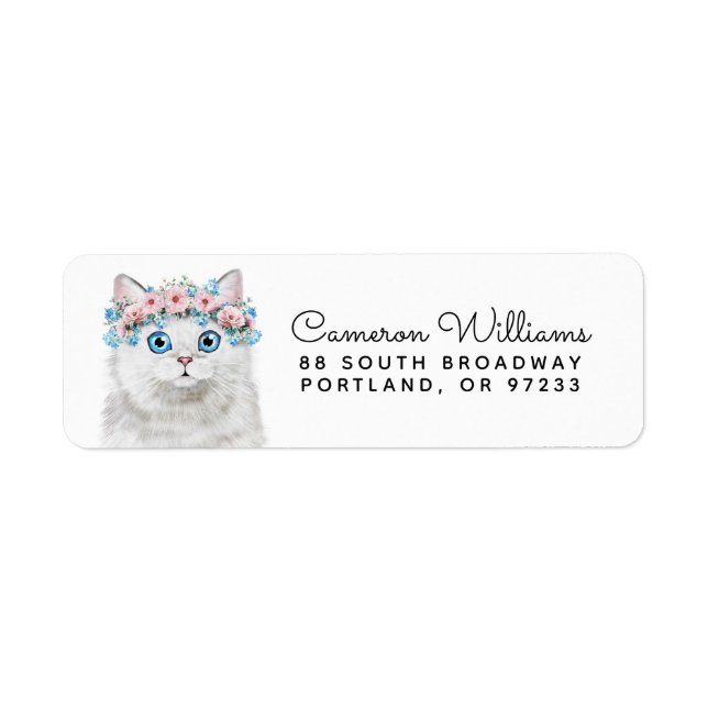 Sweet White Floral Cat | Add Your Name Label (Front)