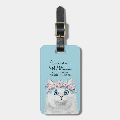 Sweet White Floral Cat  Add Your Name Luggage Tag