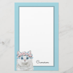 Sweet White Floral Cat   Add Your Name Stationery