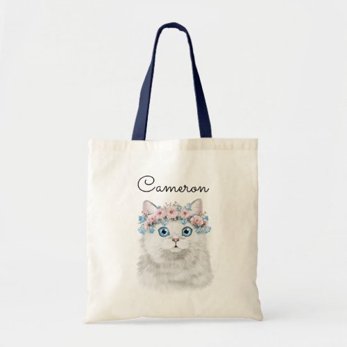 Sweet White Floral Cat  Add Your Name Tote Bag