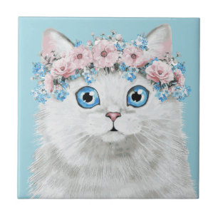 Sweet White Floral Cat Ceramic Tile