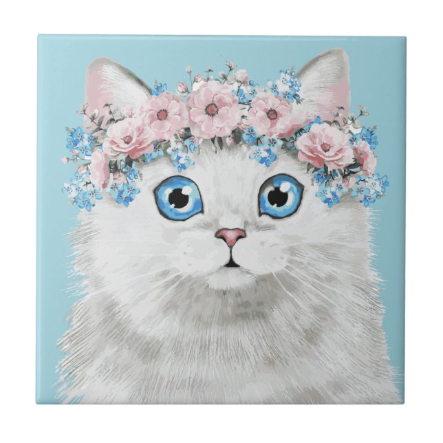 Sweet White Floral Cat Ceramic Tile (Front)