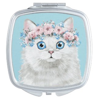 Sweet White Floral Cat Compact Mirror