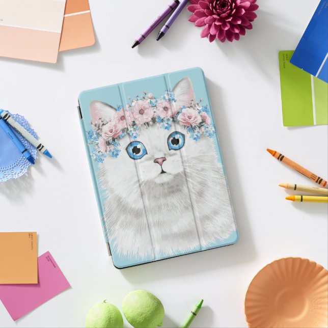 Sweet White Floral Cat iPad Pro Cover (Desk)