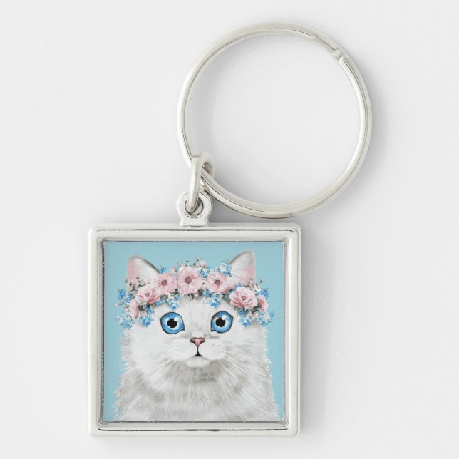 Sweet White Floral Cat Keychain (Front)