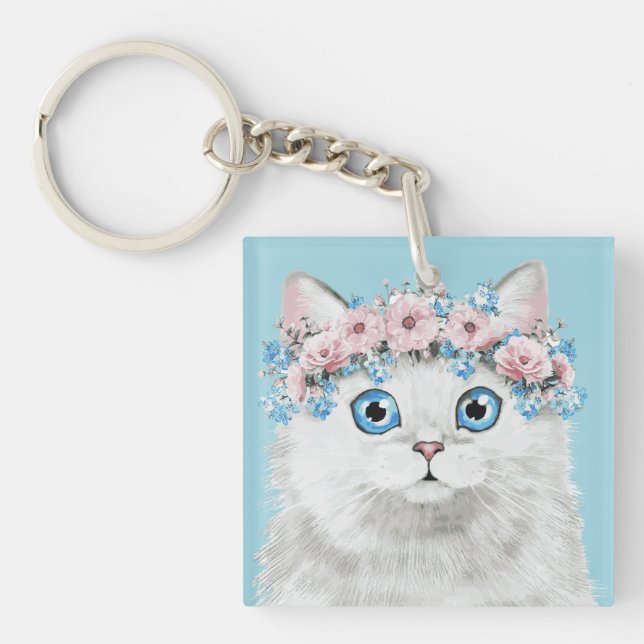 Sweet White Floral Cat Keychain (Front)