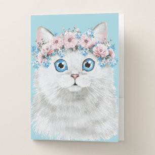 Sweet White Floral Cat Pocket Folder