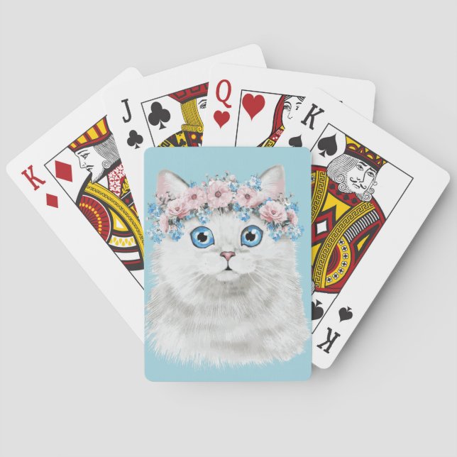 Sweet White Floral Cat Poker Cards (Back)