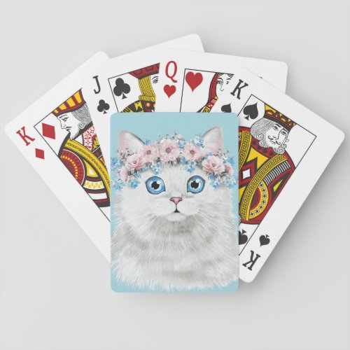 Sweet White Floral Cat Poker Cards