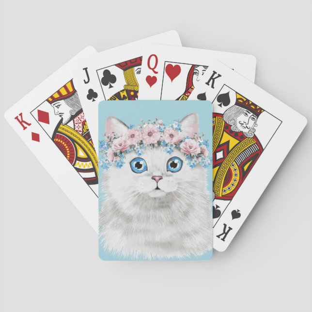 Sweet White Floral Cat Poker Cards (Back)