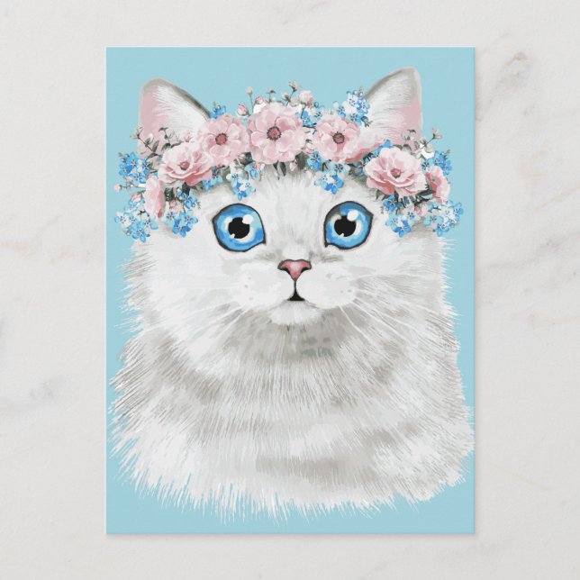 Sweet White Floral Cat Postcard (Front)