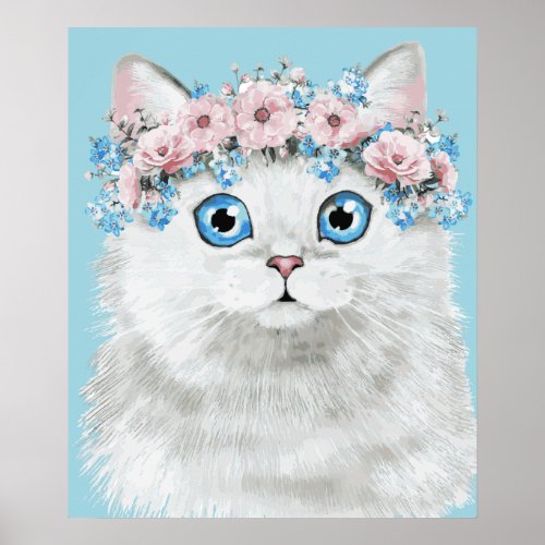 Sweet White Floral Cat Poster