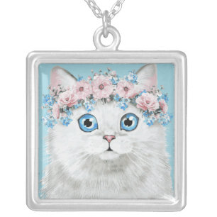 Sweet White Floral Cat Silver Plated Necklace