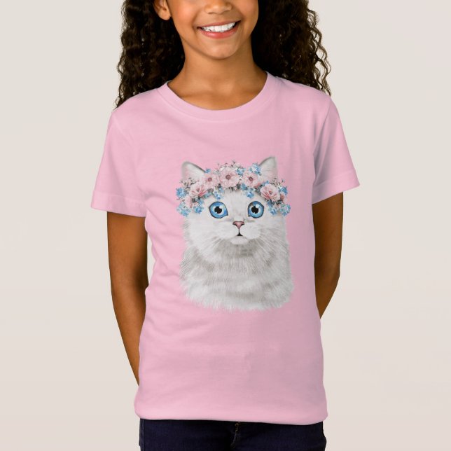 Sweet White Floral Cat T-Shirt (Front)