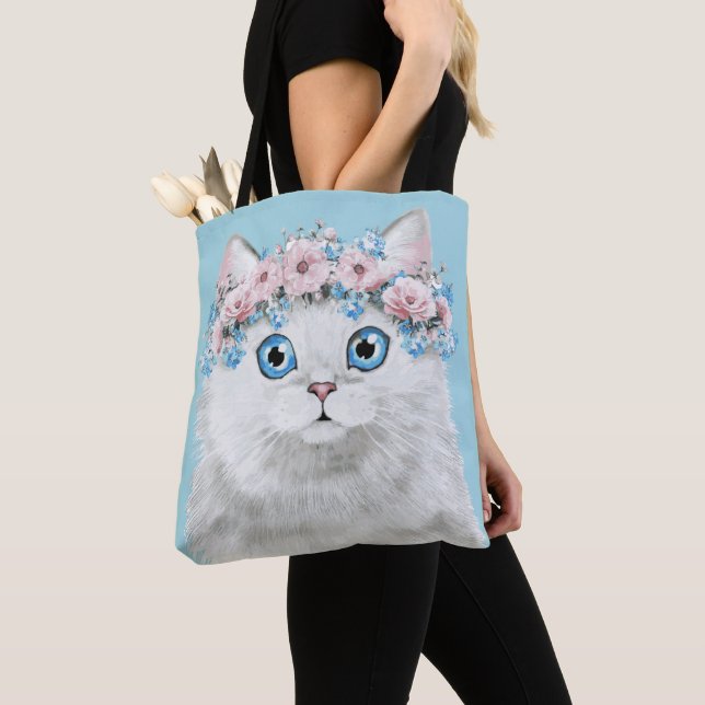 Sweet White Floral Cat Tote Bag (Close Up)