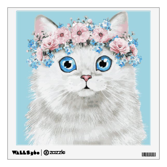 Sweet White Floral Cat Wall Decal (Front)
