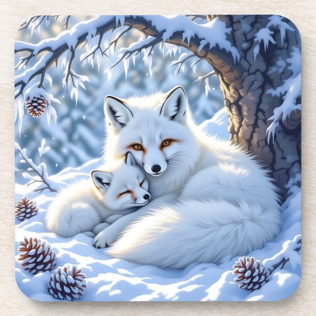 Sweet White Foxes in the Snow Beverage Coaster (Front)