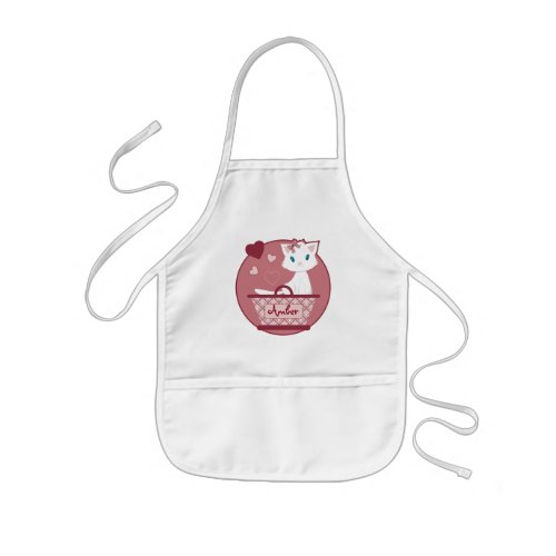 sweet white girly kitten in pink basket kids apron