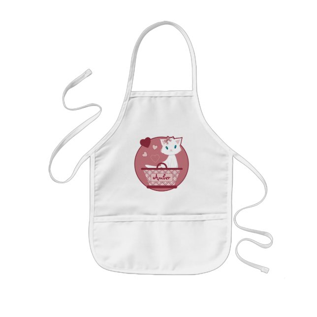sweet white girly kitten in pink basket kids' apron (Front)
