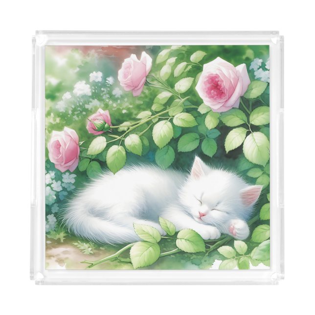 Sweet White Kitten Napping under a Rose Bush Acrylic Tray (Front)