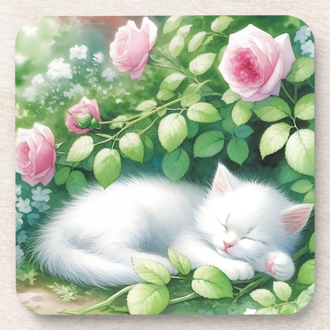 Sweet White Kitten Napping under a Rose Bush Beverage Coaster (Front)