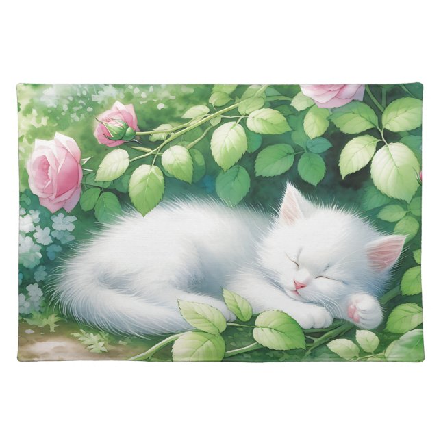 Sweet White Kitten Napping under a Rose Bush Cloth Placemat (Front)