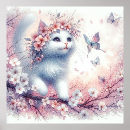 Sweet White Kitten Playing with Butterflies Poster
