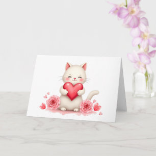 Sweet White Kitten with Red Heart Valentine Blank Card