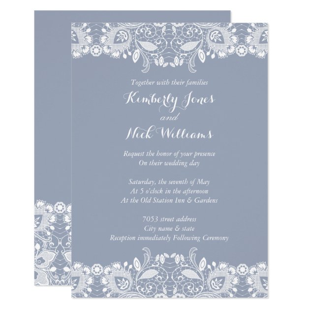 Sweet White Lace Dusty Blue Wedding Invitation