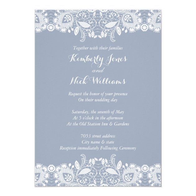 Sweet White Lace Dusty Blue Wedding Invitation