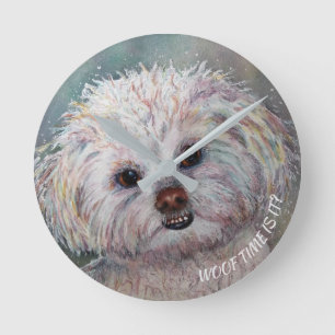 SWEET WHITE MALTESE YORKIE MIX ROUND CLOCK
